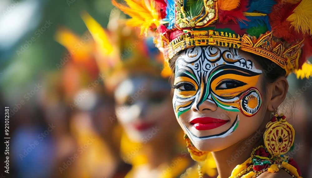Fototapeta premium A woman with a colorful face painted like a tribal dancer