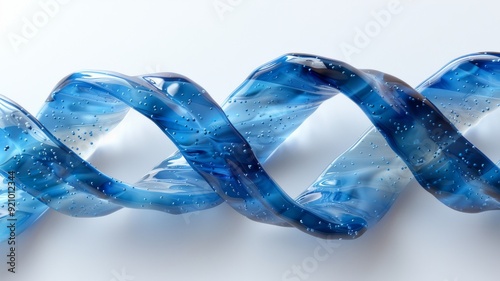 A stylized blue and white DNA strand, elegantly twisted in a simple, abstract form on a plain white background