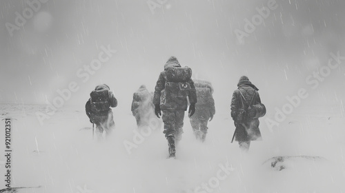 Group of explorers trekking through a blinding snowstorm in a remote, icy landscape, showcasing endurance and teamwork photo