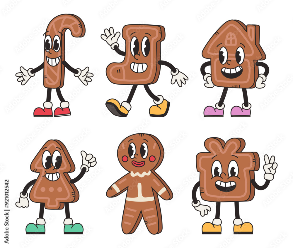Fototapeta premium Groovy gingerbread set in trendy retro cartoon style. Cool groovy christmas. Group of mascot stickers, vector characters