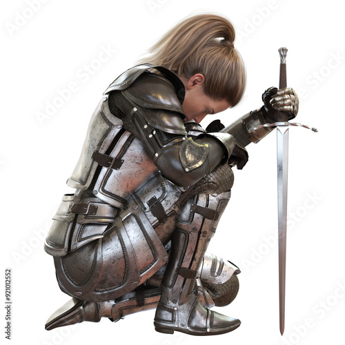 Female warrior knight kneeling wearing decorative metal armor with a transparent background. PNG transparent overlay . 3d rendering photo