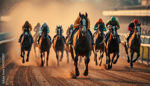 Cross view of horses racing closely in the hippodrome.