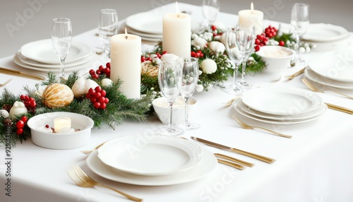 Elegant Christmas table setting with white candles, festive decorations, and white tableware, perfect for holiday celebrations and gatherings.