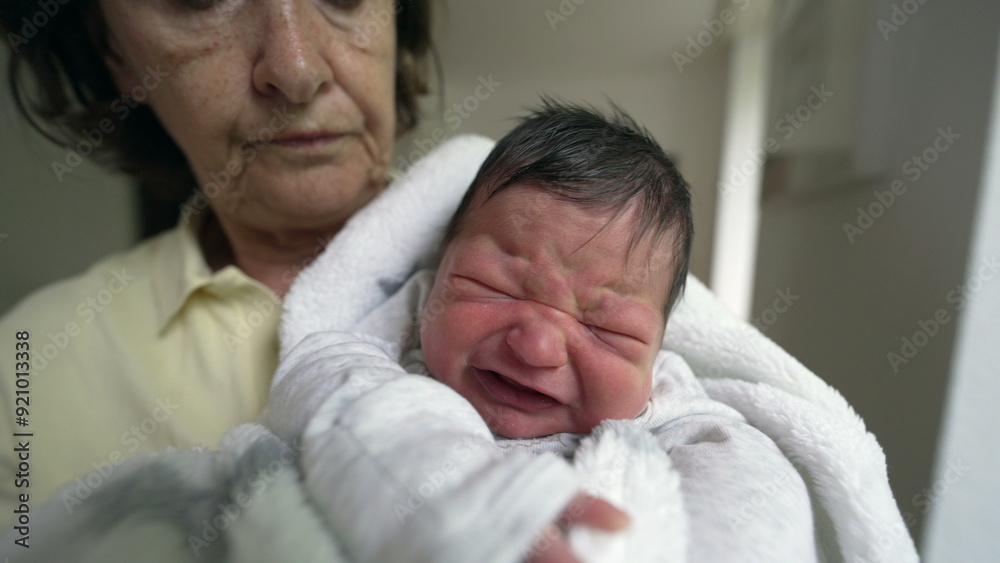 Obraz premium Concerned grandmother holding a fussy newborn baby wrapped in a white blanket. scene captures the love and care between them in a cozy home environment