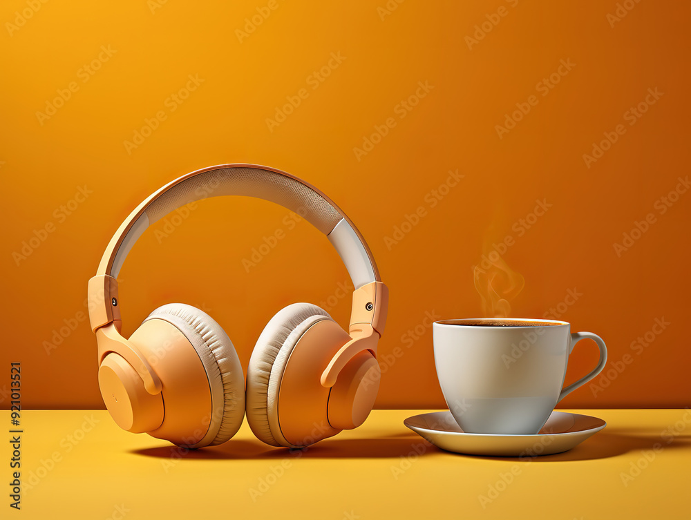 Atrractive Headphones with smartphone and cup on orange background