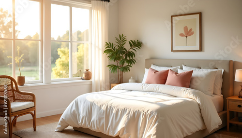 Sunlit Boho-Chic Bedroom with Natural Decor and Pastel Accents