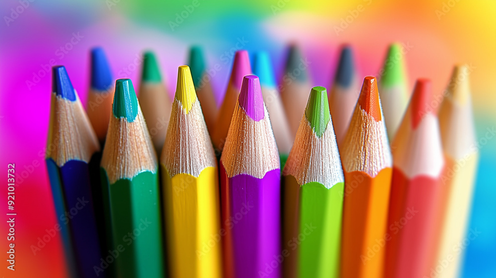 Vibrant Close-Up of Colorful Pencils Arranged in an Artistic Display Against a Blurred Pastel Background, Creating a Bright and Creative Atmosphere for School Supplies or Artistic Work Vibrant Close-Up of Colorful Pencils Arranged in an Artistic Display Against a Blurred Pastel Background, Creating a Bright and Creative Atmosphere for School Supplies or Artistic Work