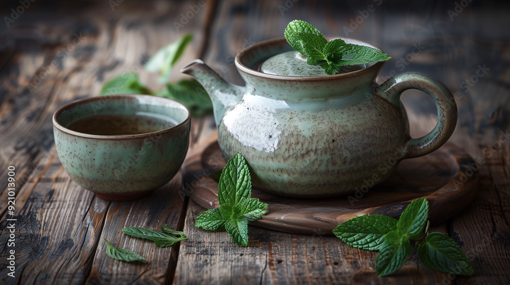 a ceramic teapot and cup set filled with peppermint tea, with fresh peppermint leaves scattered around, set on a rustic wooden table with soft morning light a ceramic teapot and cup set filled with peppermint tea, with fresh peppermint leaves scattered around, set on a rustic wooden table with soft morning light