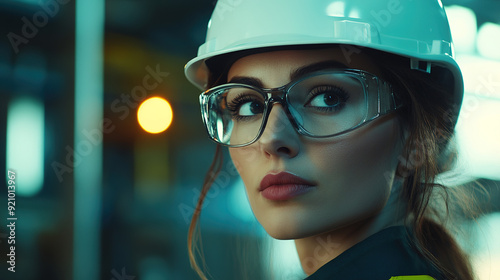 Realistic editorial shot of an industrial woman in glasses and a white helmet, staring at the camera with a serious expression, set against an industrial building with accent lighting.