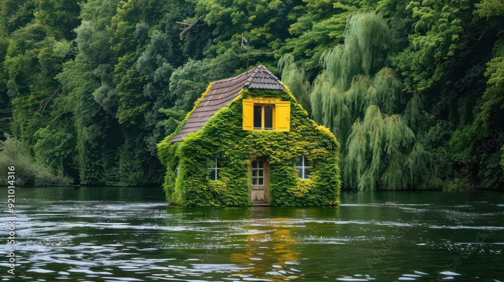 A House Overgrown With Vines Standing on a Lake