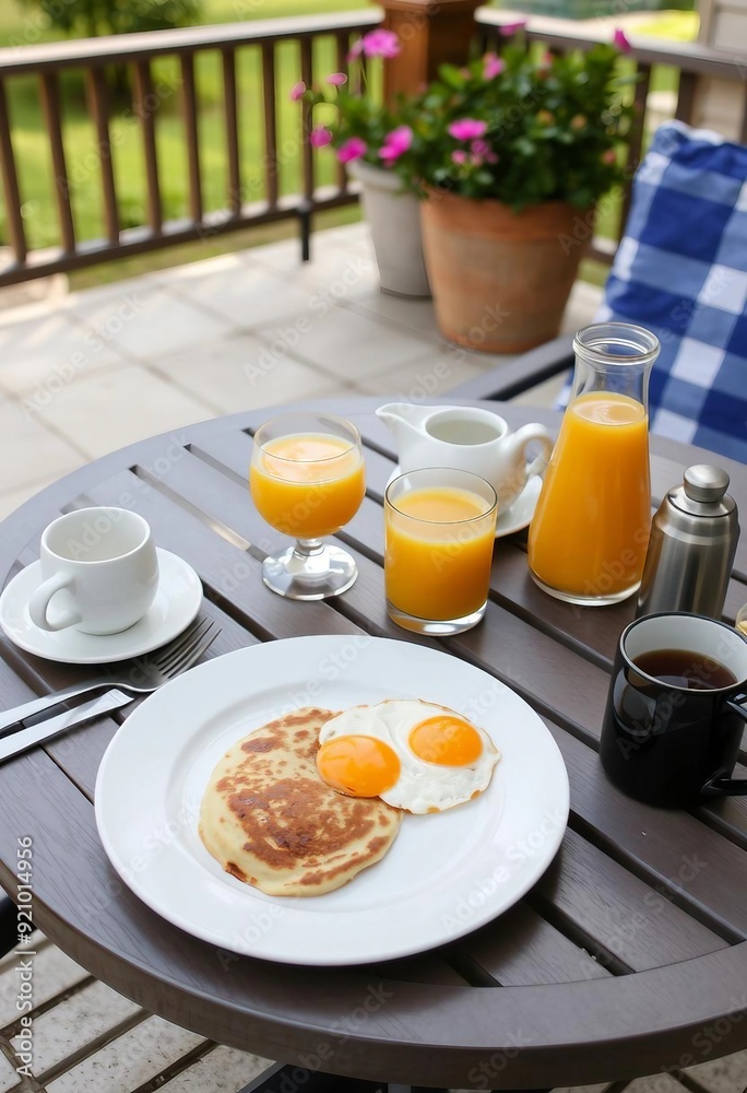 Breakfast spread with pancakes and drinks on a garden table.