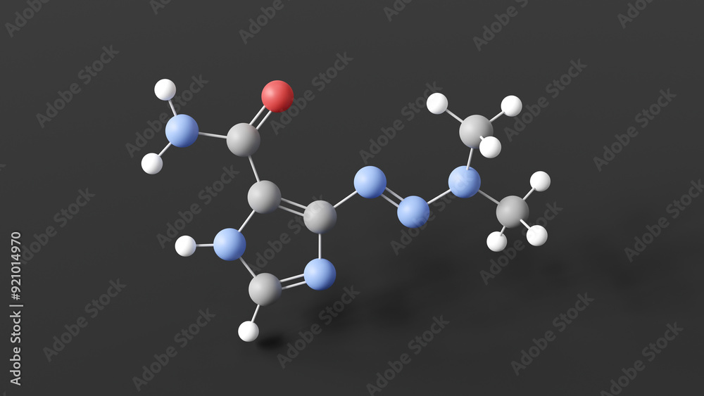 dacarbazine molecule 3d, molecular structure, ball and stick model, structural chemical formula imidazole carboxamide dacarbazine molecule 3d, molecular structure, ball and stick model, structural chemical formula imidazole carboxamide