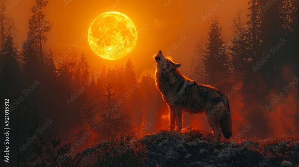 Ethereal Night Scene of Howling Wolf Under Full Moon with Northern Lights Ethereal Night Scene of Howling Wolf Under Full Moon with Northern Lights