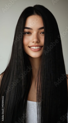 A woman with long black hair smiling at the camera