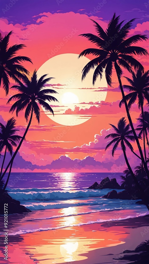 Anime beach scene where tall palm trees are silhouetted against the sunset vibrant colors Anime beach scene where tall palm trees are silhouetted against the sunset vibrant colors