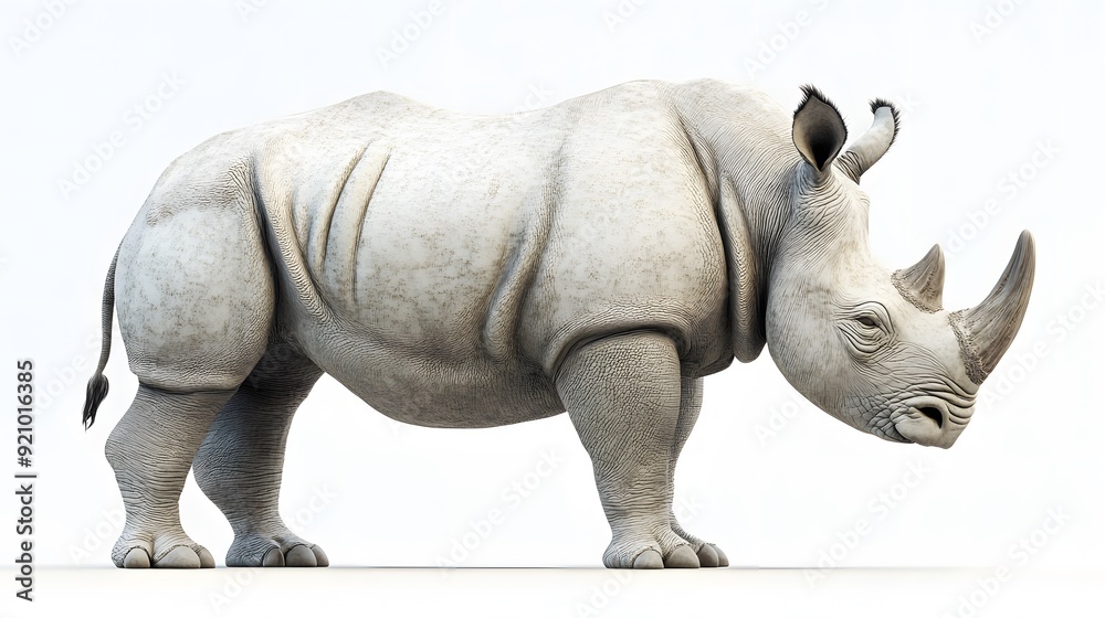 Fototapeta premium White Rhino, Side View: Majestic and powerful, a white rhinoceros stands confidently against a clean white background. The large, imposing creature is captured in a side view, showcasing its distincti