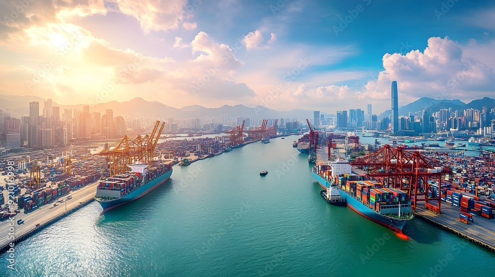 Naklejka premium Bustling Port City Skyline with Container Ships in the Harbor,Connecting Urban Growth and Maritime