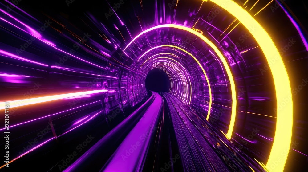 Abstract glowing neon tunnel with vibrant purple and yellow light streaks. Futuristic digital background. Abstract glowing neon tunnel with vibrant purple and yellow light streaks. Futuristic digital background.