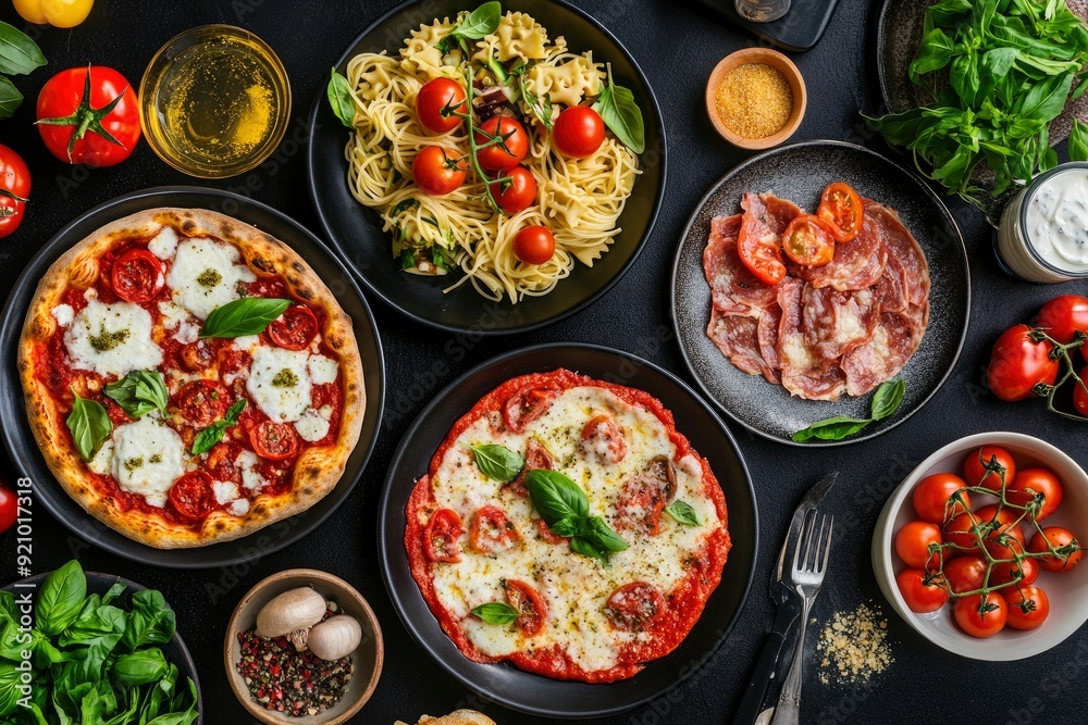 Full table of italian meals on plates Pizza, pasta, ravioli, carpaccio. caprese salad and tomato bruschetta on black background. Top view - generative ai Full table of italian meals on plates Pizza, pasta, ravioli, carpaccio. caprese salad and tomato bruschetta on black background. Top view - generative ai