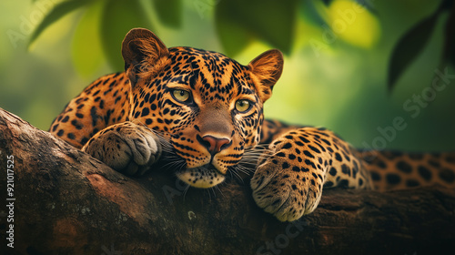 Sri Lankan leopard, Panthera pardus kotiya, Big spotted cat lying on the tree in the nature habitat photo