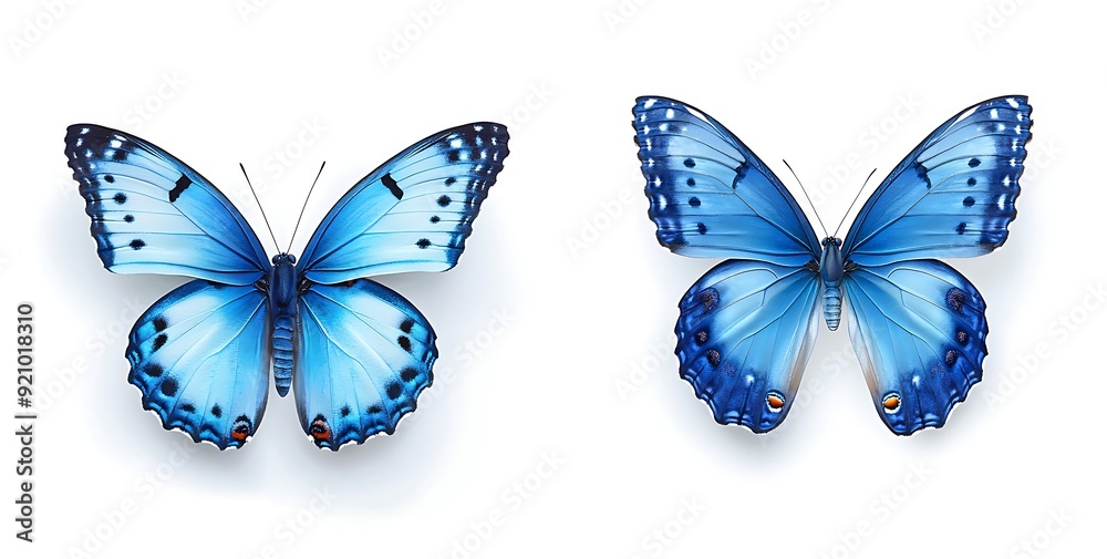 Two blue butterflies with detailed wings and small orange spots on a white background. Two blue butterflies with detailed wings and small orange spots on a white background.