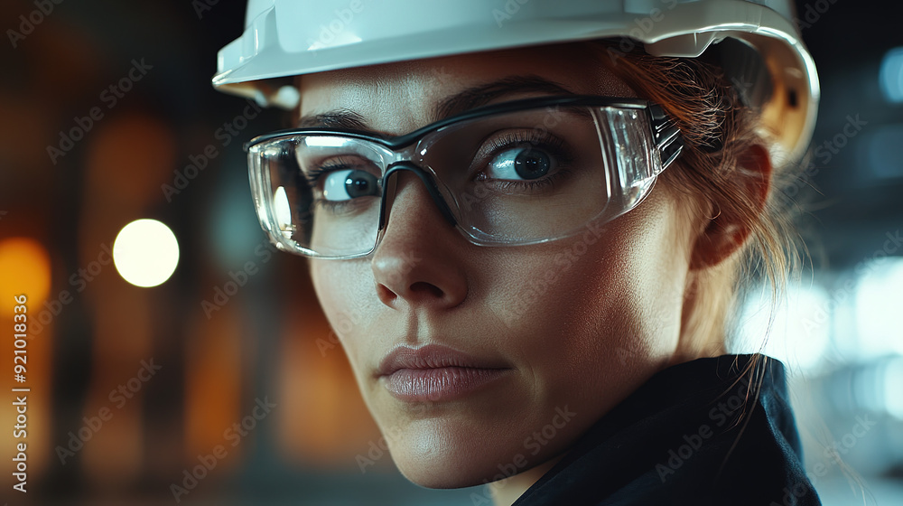 Close-up of a female industrial worker in safety glasses and a white hard hat, with a focused expression and dramatic lighting, working within an industrial facility.
Close-up of a female industrial worker in safety glasses and a white hard hat, with a focused expression and dramatic lighting, working within an industrial facility.