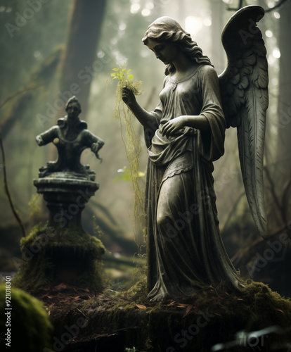Haunting beauty of an old cemetery, an angel statue carved in weathered stone. Evocative sculpture serves as a solemn symbol of religion and art, standing as a timeless monument