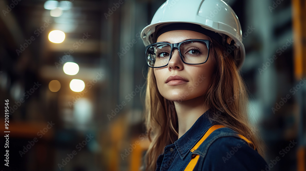 Industrial woman with glasses and a white hard hat, captured in an eye-level shot in a factory setting, featuring accent lighting and a cinematic style.
Industrial woman with glasses and a white hard hat, captured in an eye-level shot in a factory setting, featuring accent lighting and a cinematic style.