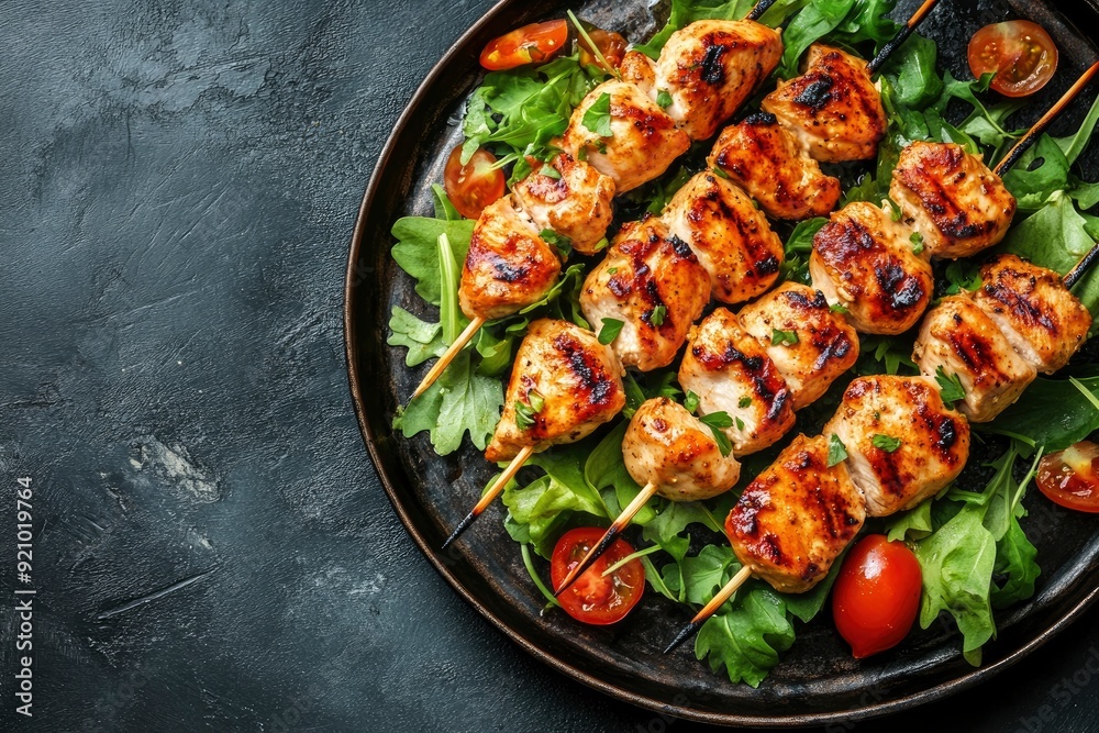Grilled chicken kebab on a plate over dark metal tray. Top view with copy space - generative ai Grilled chicken kebab on a plate over dark metal tray. Top view with copy space - generative ai