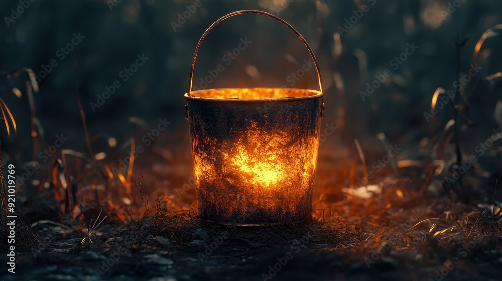 Enigmatic Halloween Glow: Eerie Copper Bucket Illuminated in a Spooky Atmosphere Enigmatic Halloween Glow: Eerie Copper Bucket Illuminated in a Spooky Atmosphere