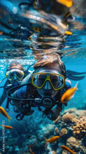 Two divers explore a vibrant coral reef filled with colorful fish, showcasing the beauty of underwater life. photo