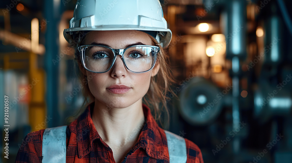 Portrait of an industrial woman wearing a white helmet and glasses, looking directly at the camera while working in a well-lit industrial environment, realistic and cinematic style. Portrait of an industrial woman wearing a white helmet and glasses, looking directly at the camera while working in a well-lit industrial environment, realistic and cinematic style.
