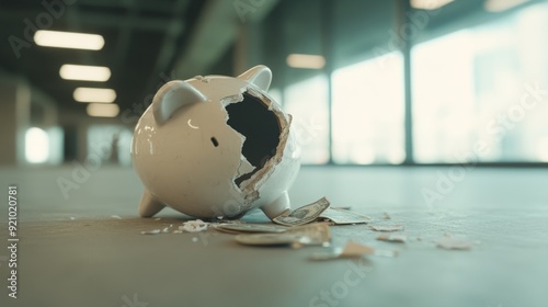 A broken piggy bank, symbolizing financial loss or bankruptcy close up  Loss theme  Surreal  Composite  Empty room backdrop