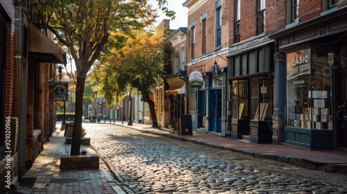 A historic city road with cobblestone paving, surrounded by old buildings and quaint shops, evoking a sense of nostalgia.