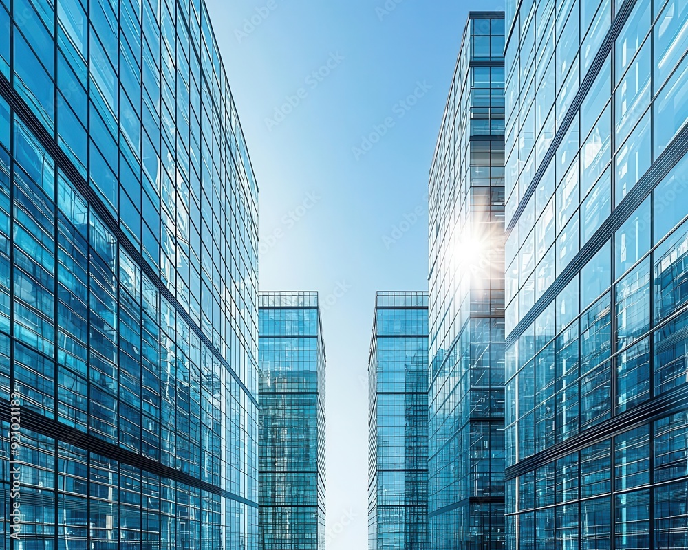 Fototapeta premium Array of sleek glass buildings under a spotless blue sky, sunlight glistening off the facades, futuristic urban scene, modernity, clear weather, vertical composition