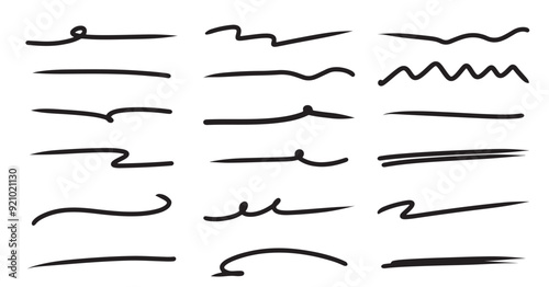 set hand drawn underline highlighter marker strokes swoops waves brush marks abstract doodle vector