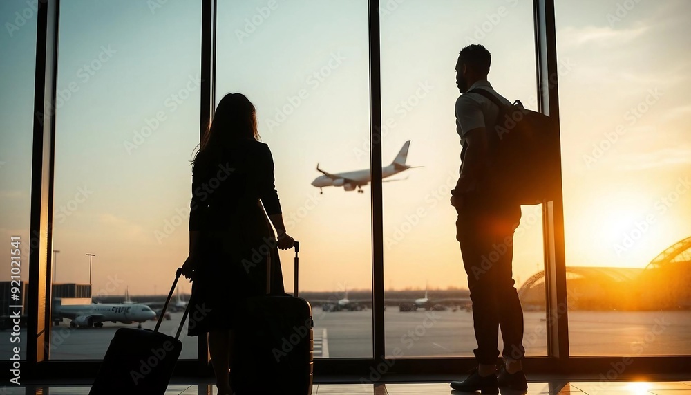 Fototapeta premium Silhouettes of travelers with luggage waiting for flights at the airport terminal.