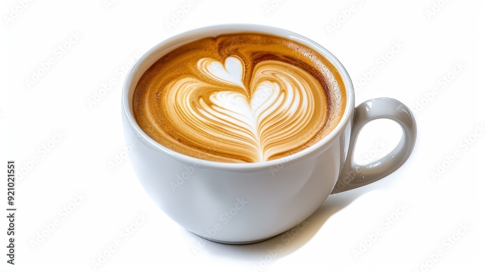 A latte with heart-shaped latte art in a white mug, isolated on a white background. A latte with heart-shaped latte art in a white mug, isolated on a white background.