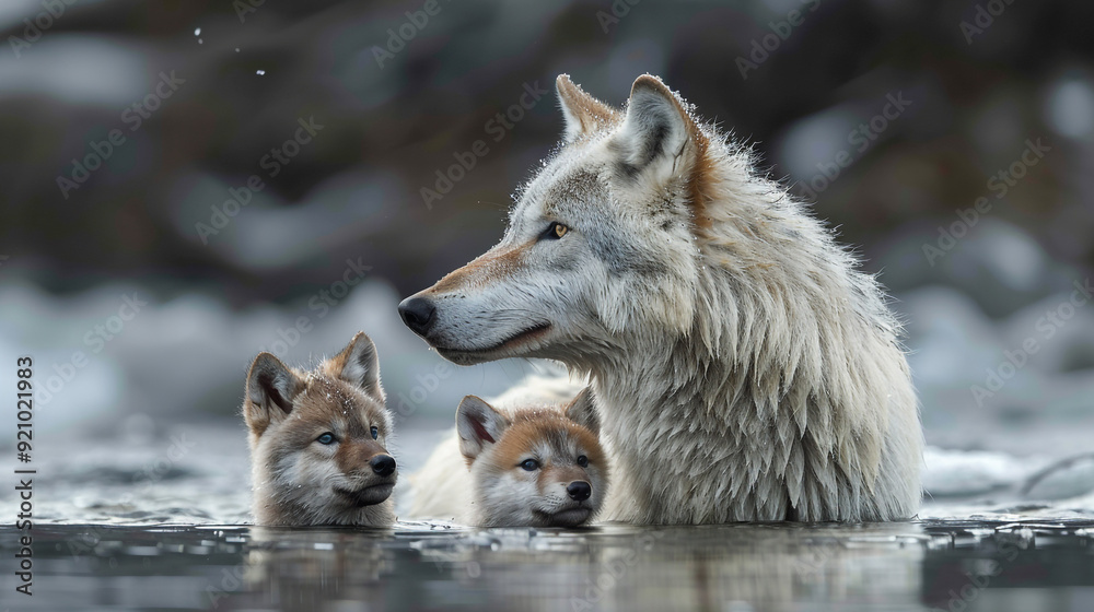 Obraz premium A wolf family consisting of a mother and several cubs. Live wild in the forest and hunt wild animals for food. 