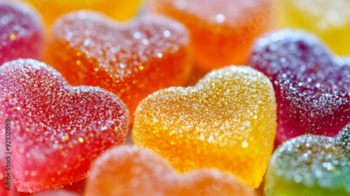 Sweetheart Candy: A close-up macro shot of vibrant, colorful gummy candies shaped like hearts, glistening with sugar crystals. Perfect for Valentine's Day, sweet treats, and candy lovers.