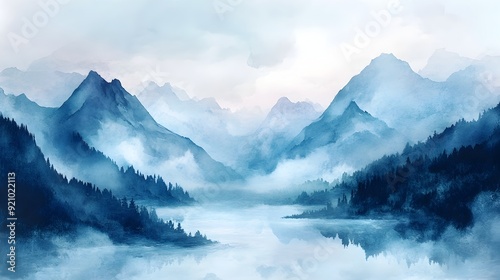 Dreamy Watercolor Landscape with Misty Mountains and Soft Pastel Hues