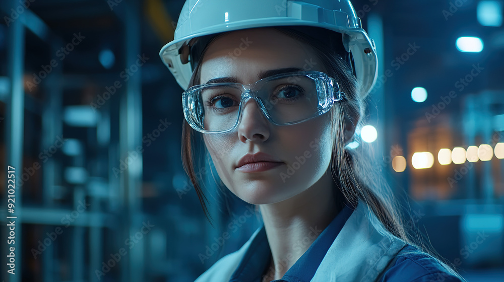 Editorial eye-level shot of an industrial woman in glasses and a white hard hat, looking at the camera while working in an industrial building. Realistic, cinematic style with accent lighting. Editorial eye-level shot of an industrial woman in glasses and a white hard hat, looking at the camera while working in an industrial building. Realistic, cinematic style with accent lighting.