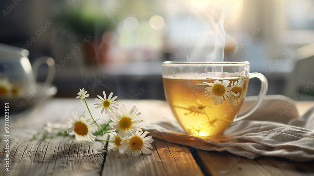 a steaming cup of chamomile tea, garnished with fresh chamomile flowers, set on a rustic wooden table with a linen napkin a steaming cup of chamomile tea, garnished with fresh chamomile flowers, set on a rustic wooden table with a linen napkin