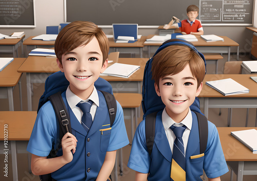 Schoolboys brothers classmates children in uniform in the classroom with books, backpacks, sitting at their desks. Blackboard on the background. Back to school concept.