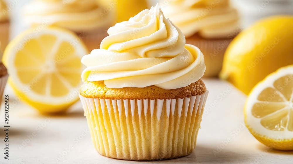 Tasty delicious lemon cream cupcake on light background