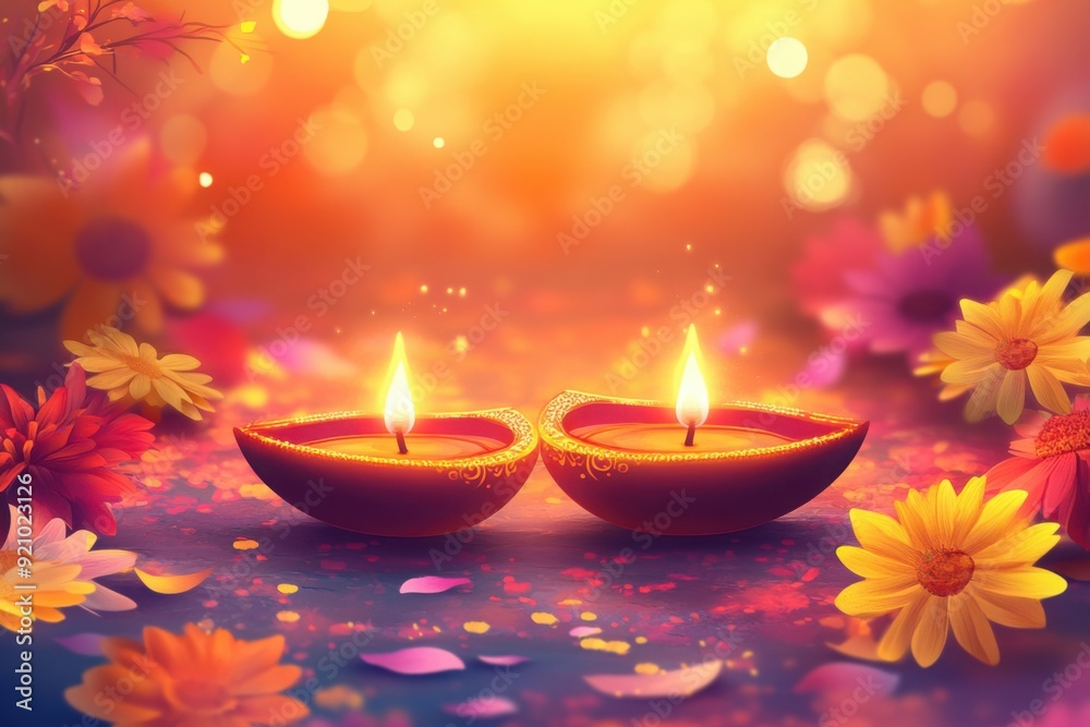 Diwali Oil Lamps with Flowers and Bokeh Lights Diwali Oil Lamps with Flowers and Bokeh Lights