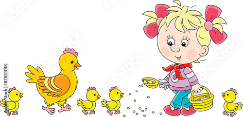 Little girl farmer standing with a bucket of feed grain and feeding a merry brood of small yellow chicks and a cute hen on a chicken farm, vector cartoon illustration on a white background
