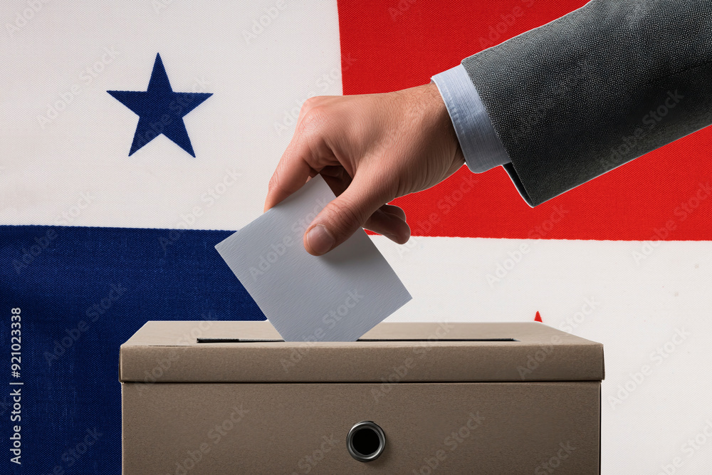 A hand holds a ballot in a ballot box against the background of the Panama flag. People cast ballots into a ballot box with the Panama flag in the background. A hand holds a ballot in a ballot box against the background of the Panama flag. People cast ballots into a ballot box with the Panama flag in the background.