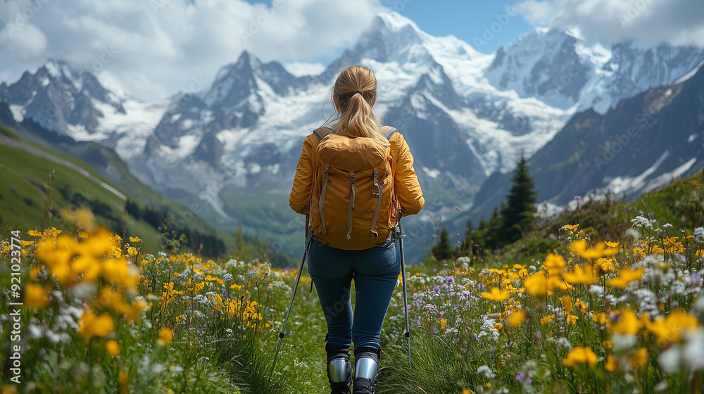 Naklejka premium A young woman with a prosthetic leg hiking in the mountains, carrying a backpack and enjoying the scenery