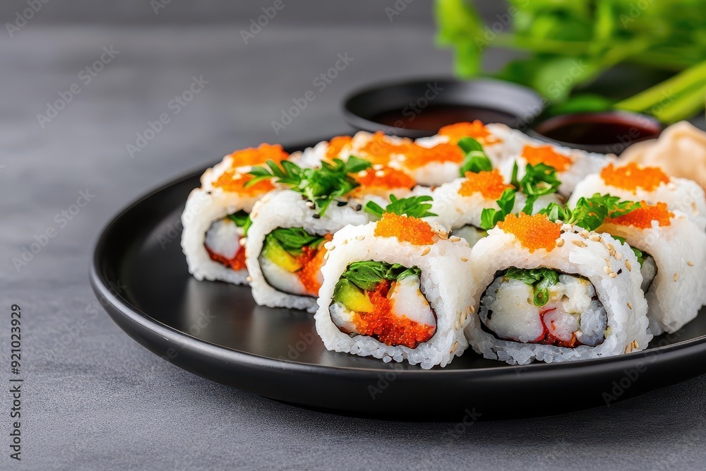 Protein-rich sushi rolls with a vibrant energy glow, protein intake, healthy and exotic concept Protein-rich sushi rolls with a vibrant energy glow, protein intake, healthy and exotic concept
